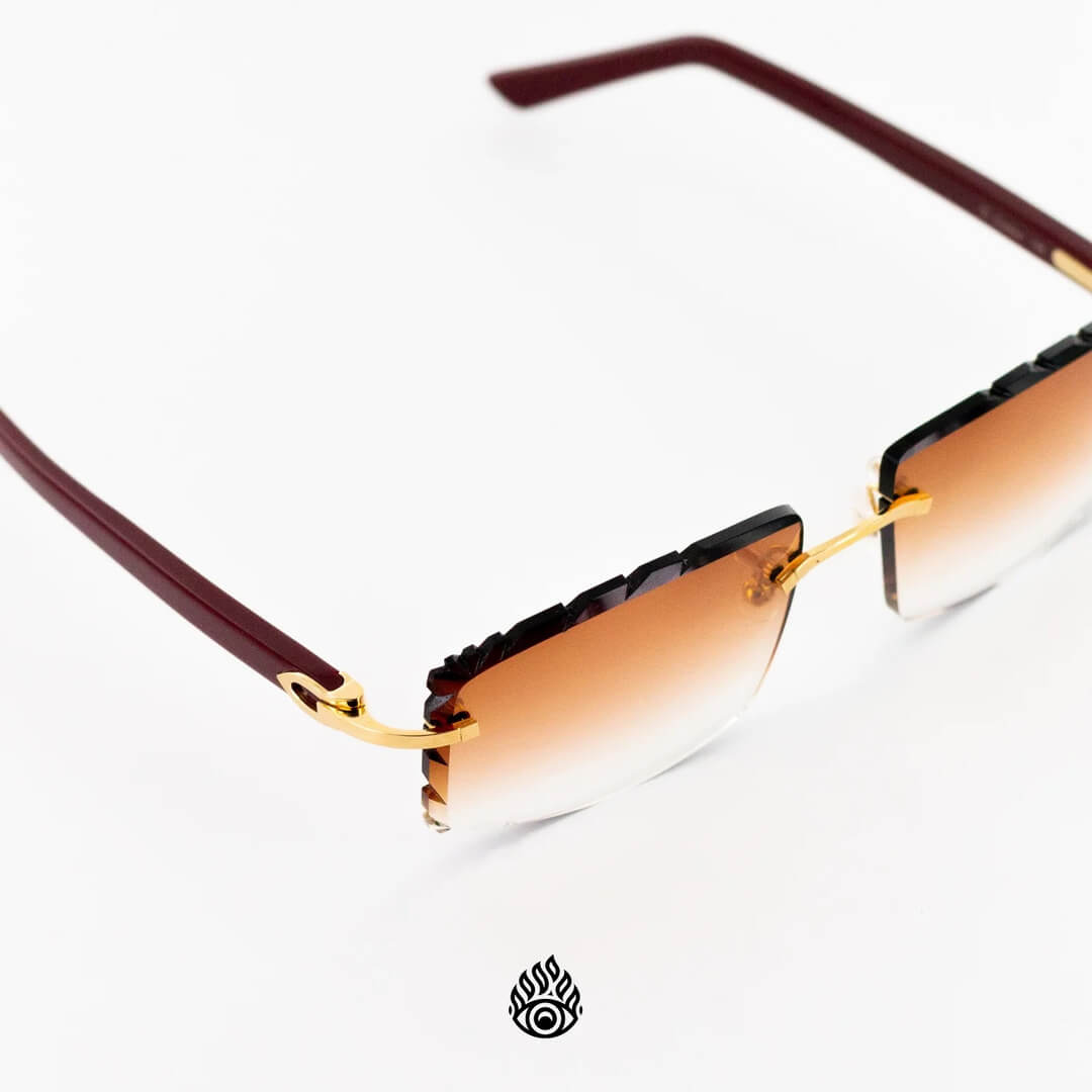 Cartier Red Acetate Glasses with Gold C Decor Honey Brown Lens