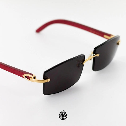 Cartier Red Wood Glasses with Gold C Decor and Black Lens