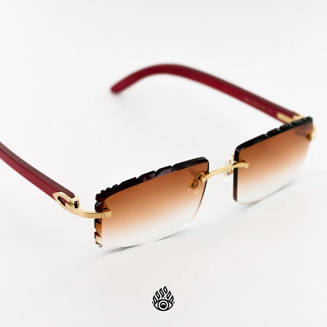 Cartier Red Wood Glasses with Gold C Decor and Honey Brown Lens