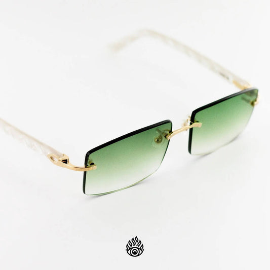 Cartier White Acetate Glasses with Gold C Decor & Green Lens