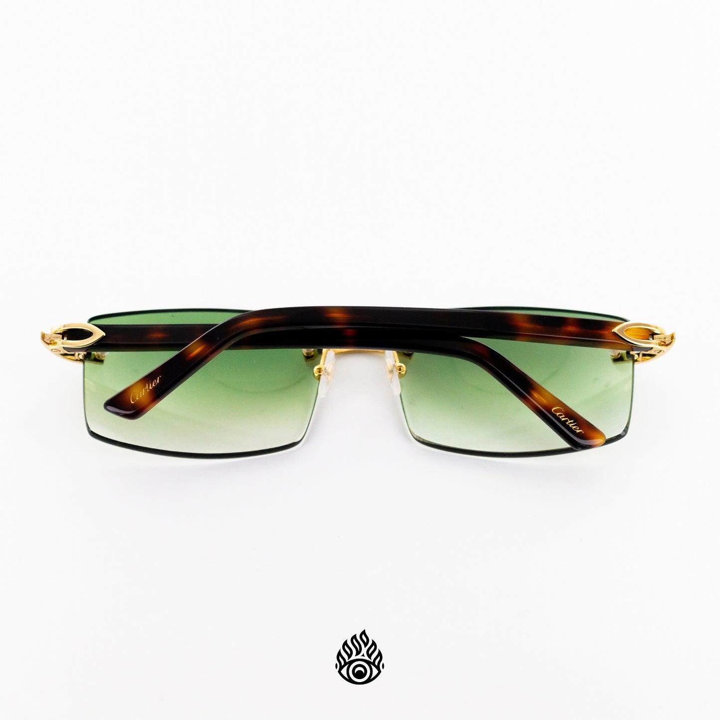 Cartier Tortoise Acetate Glasses with Gold C Decor & Green Lens