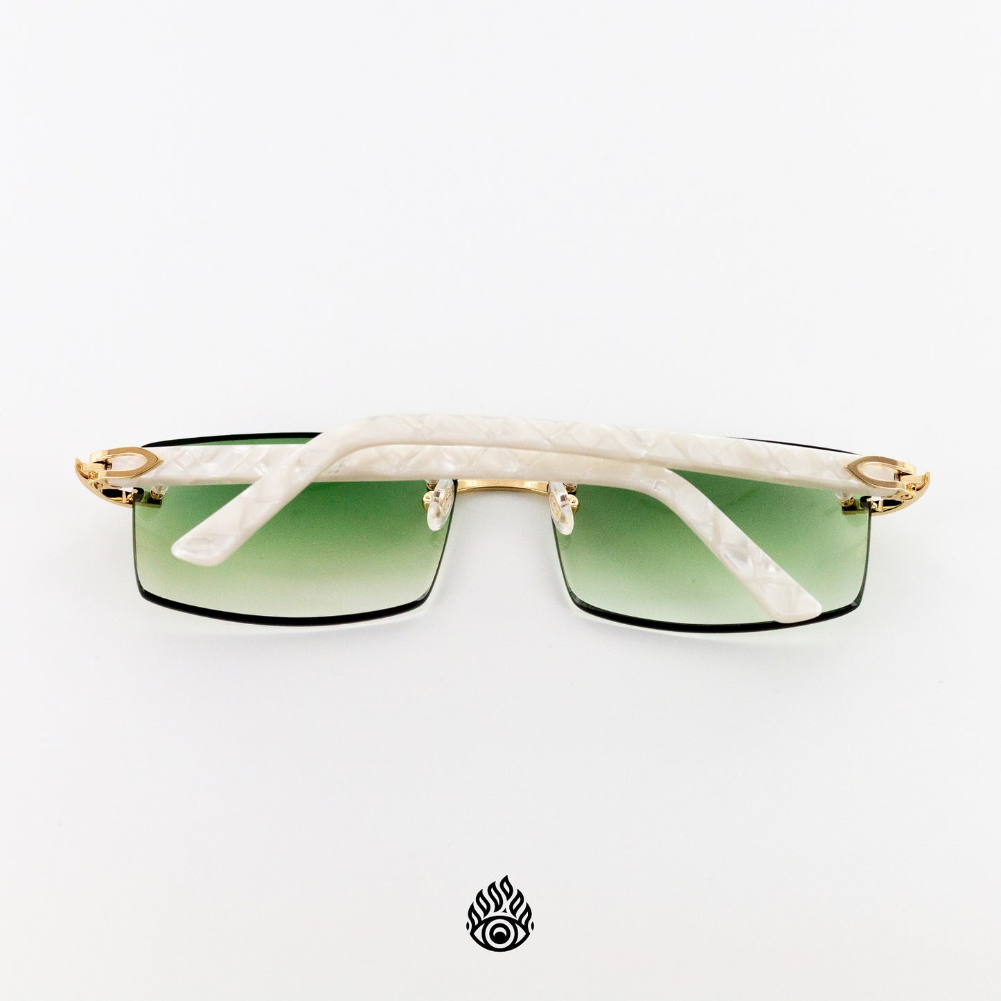 Cartier White Acetate Glasses with Gold C Decor & Green Lens