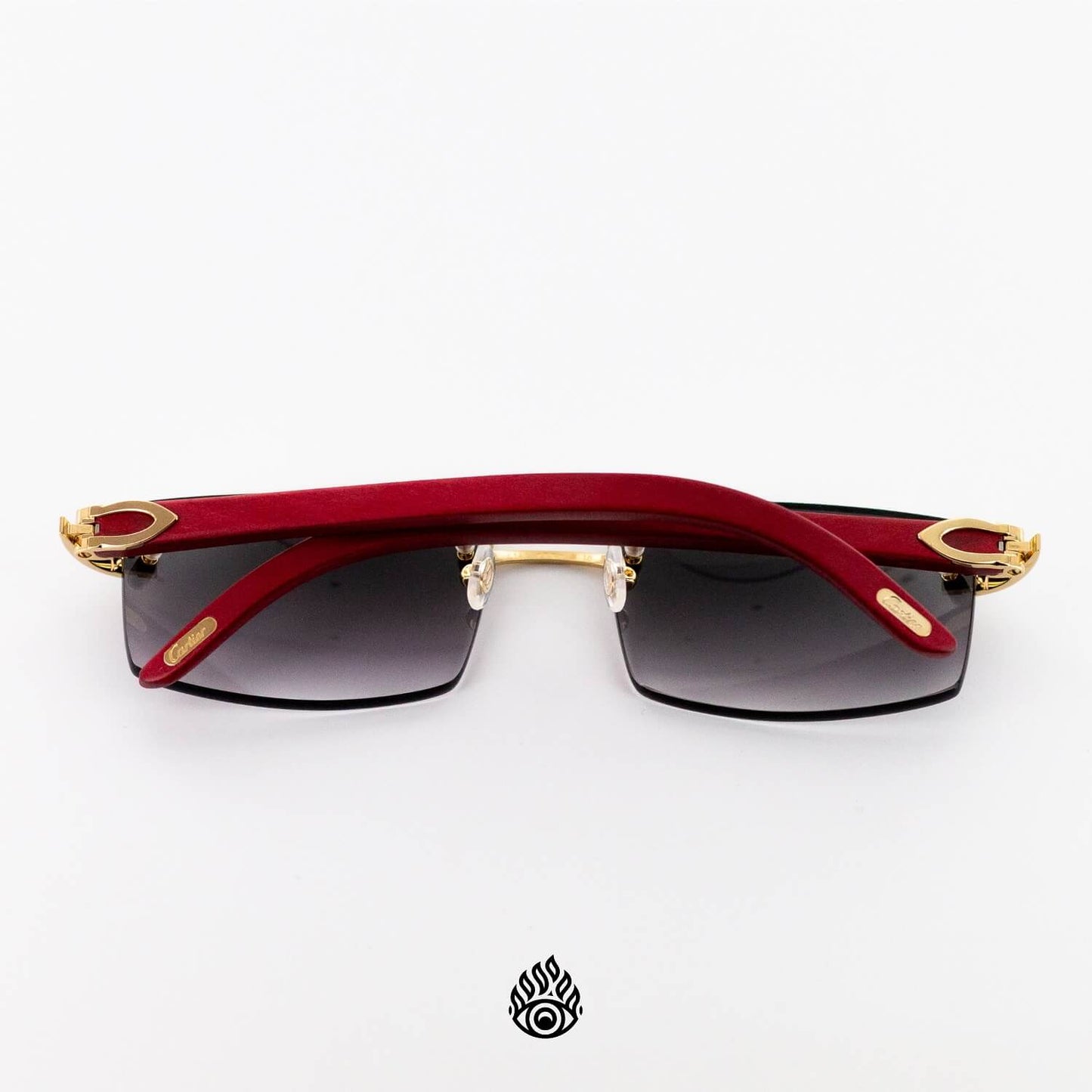 Cartier Red Wood Glasses with Gold C Decor and Grey Lens