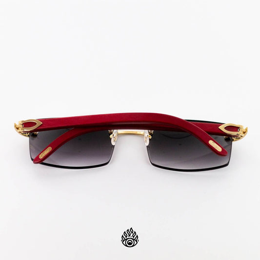 Cartier Red Wood Glasses with Gold C Decor and Grey Lens