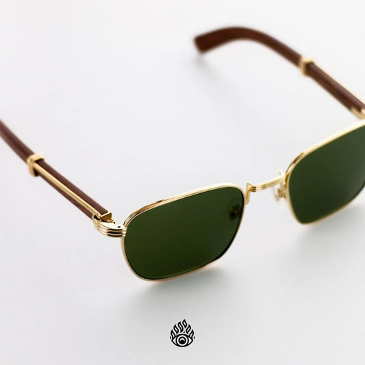 Cartier Bagatelle Rimmed Wood Glasses, Gold C Decor, Green Lens