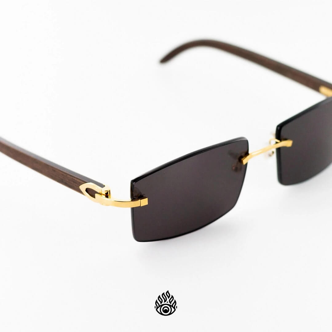 Cartier Dark Wood Glasses with Gold C Decor and Black Lens