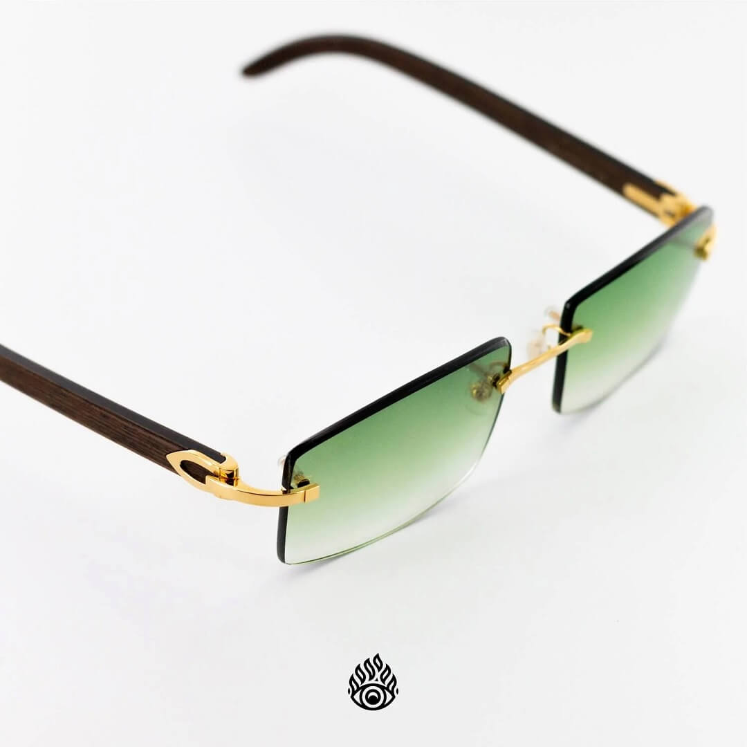 Cartier Dark Wood Glasses with Gold C Decor and Green Lens