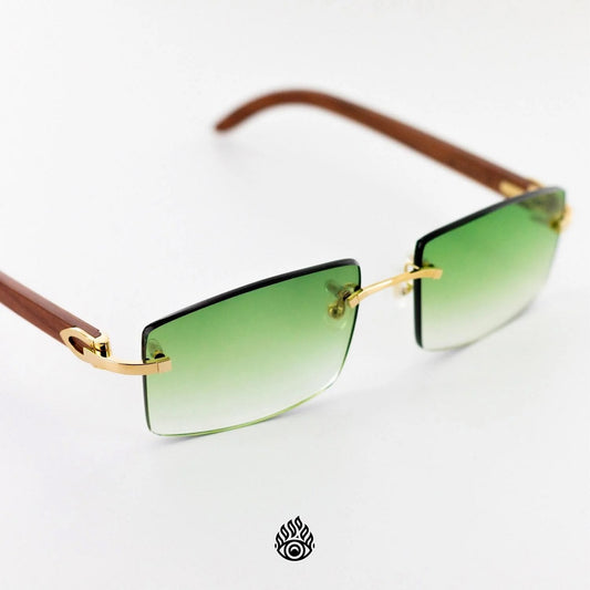 Cartier Light Wood Glasses with Gold C Decor and Green Lens