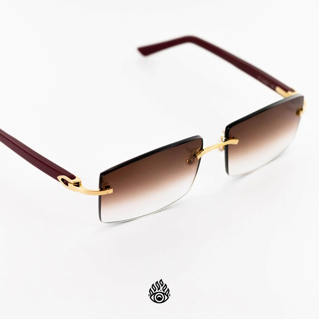 Cartier Red Acetate Glasses with Gold C Decor & Brown Lens