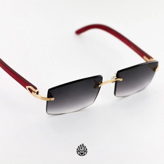 Cartier Red Wood Glasses with Gold C Decor and Grey Lens