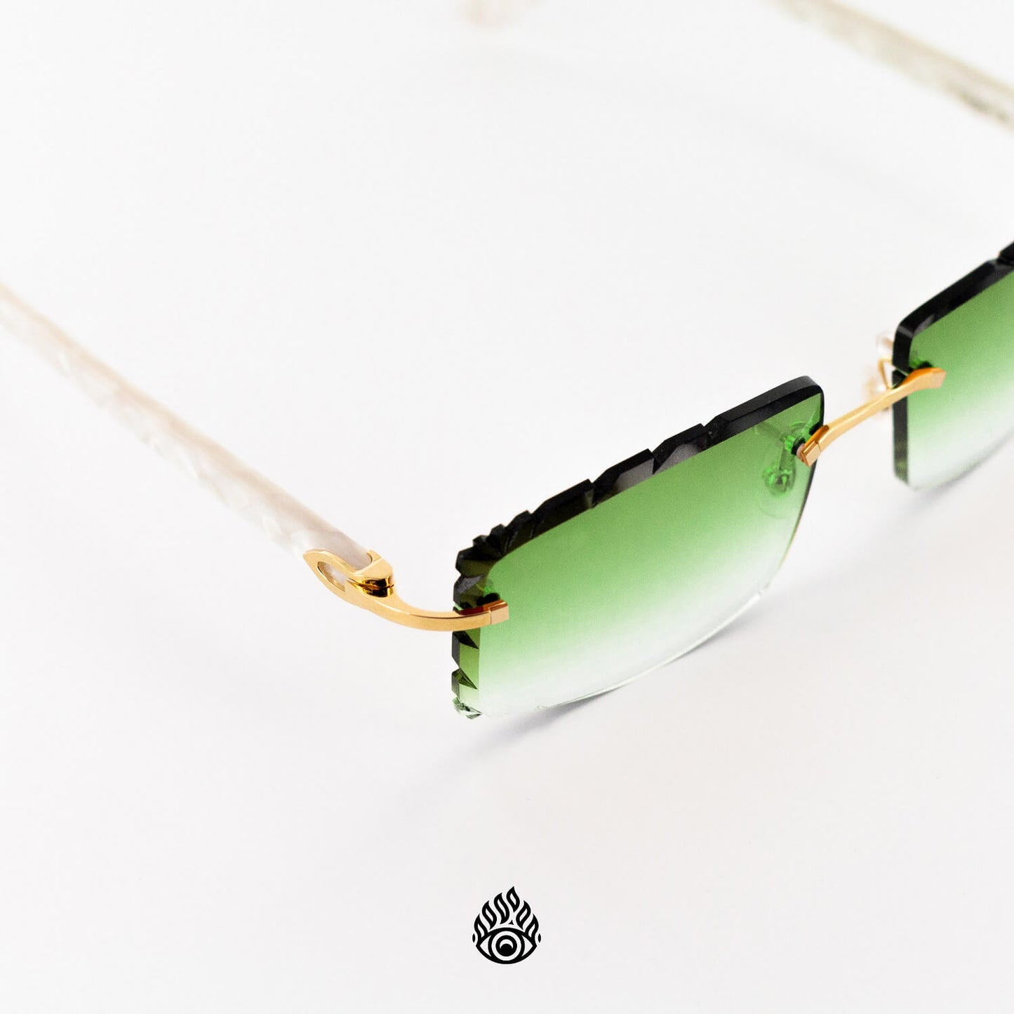 Cartier White Acetate Glasses with Gold C Decor & Green Lens