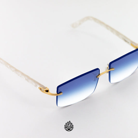 Cartier White Acetate Glasses with Gold C Decor & Gradient Blue Lens