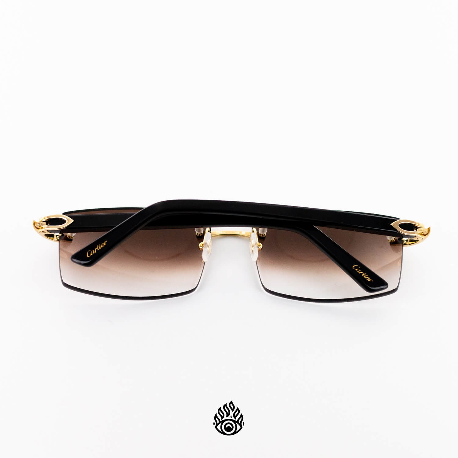 Cartier Black Acetate Glasses with Gold C Decor Brown Lens