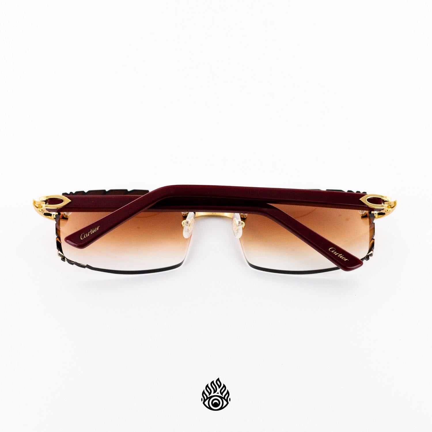 Cartier Red Acetate Glasses with Gold C Decor Honey Brown Lens