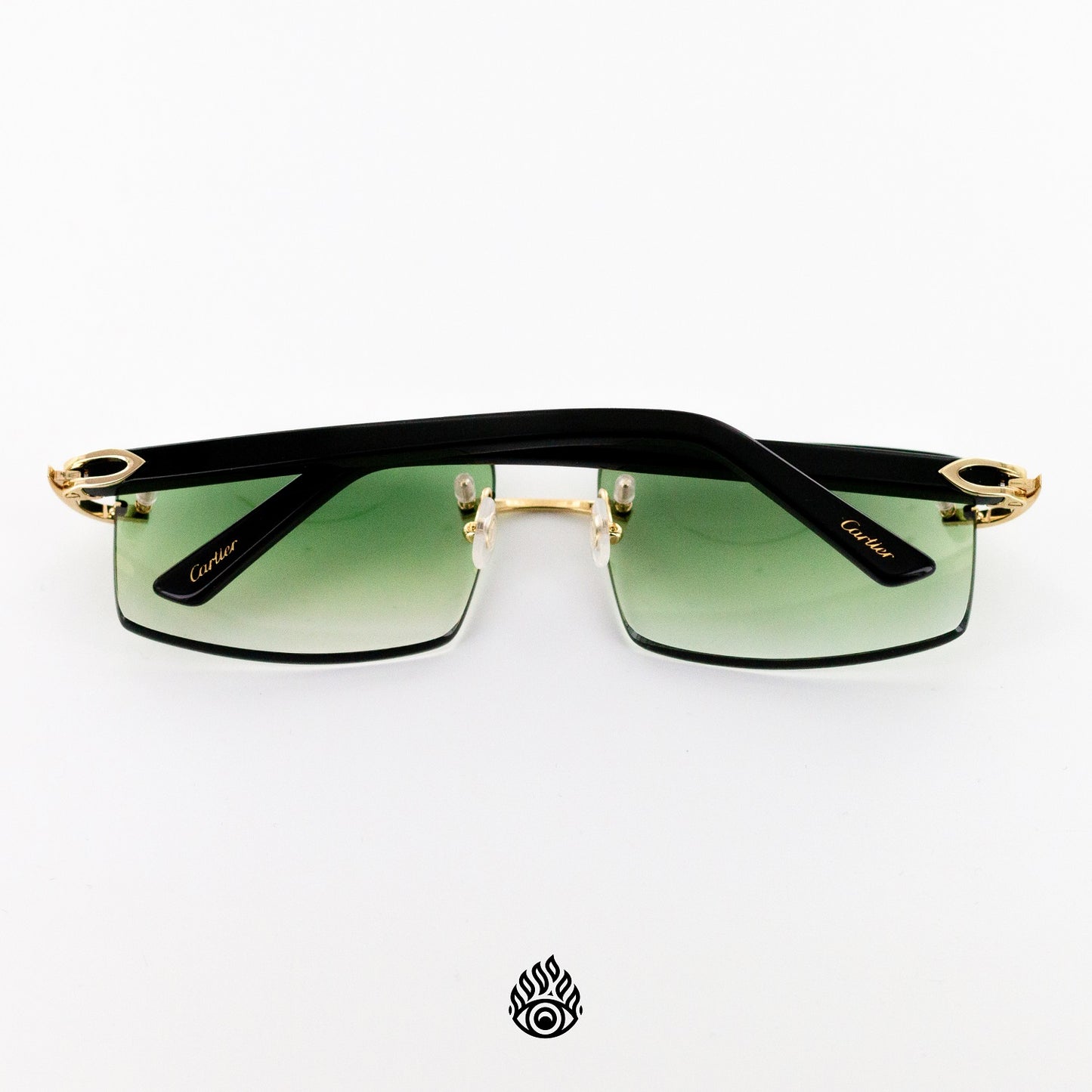 Cartier Black Acetate Glasses with Gold C Decor & Green Lens