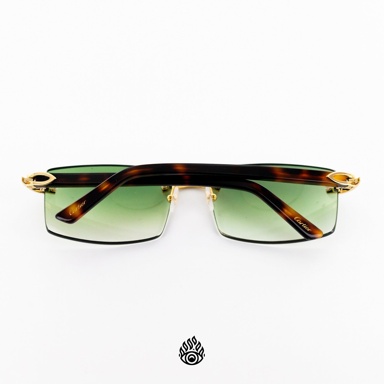 Cartier Tortoise Acetate Glasses with Gold C Decor Green Lens