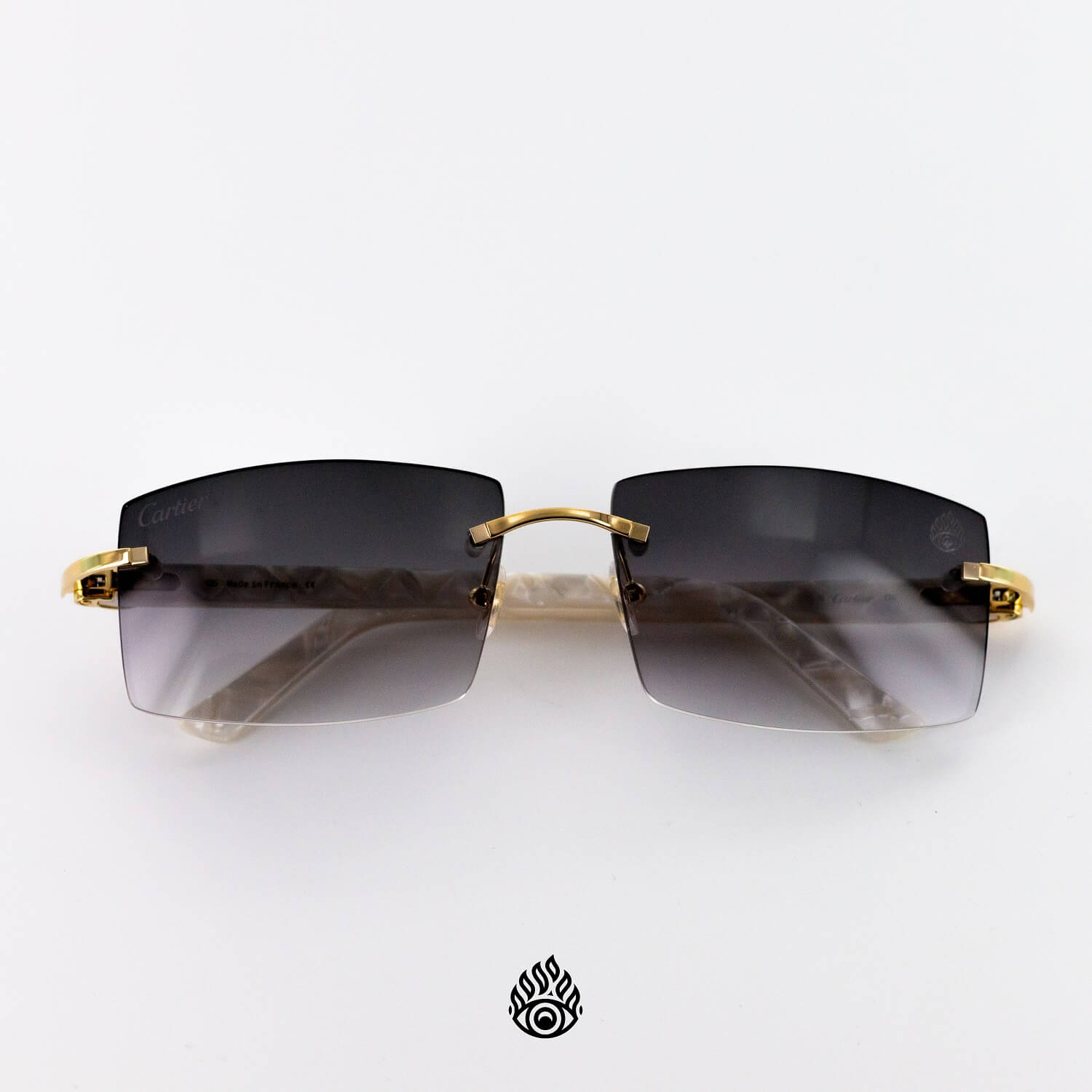 Cartier White Acetate Glasses with Gold C Decor Grey Lens