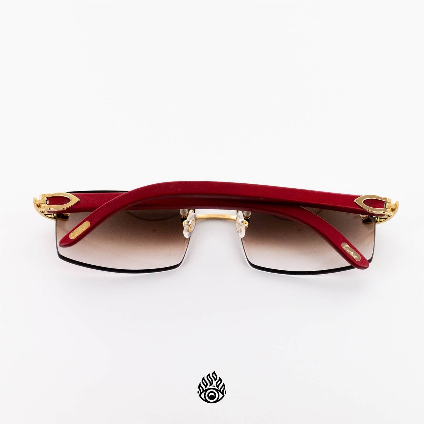 Cartier Red Wood Glasses with Gold C Decor and Brown Lens