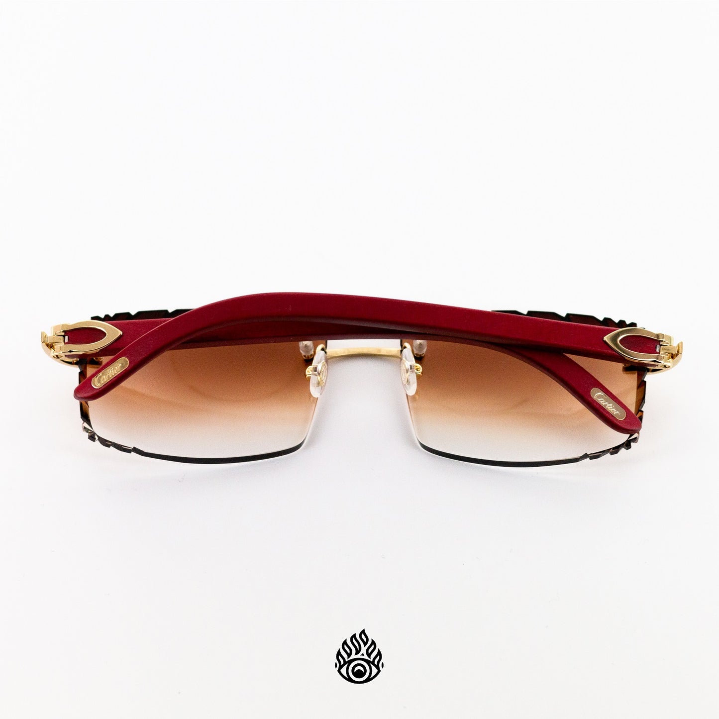 Cartier Red Wood Glasses with Gold C Decor and Honey Brown Lens