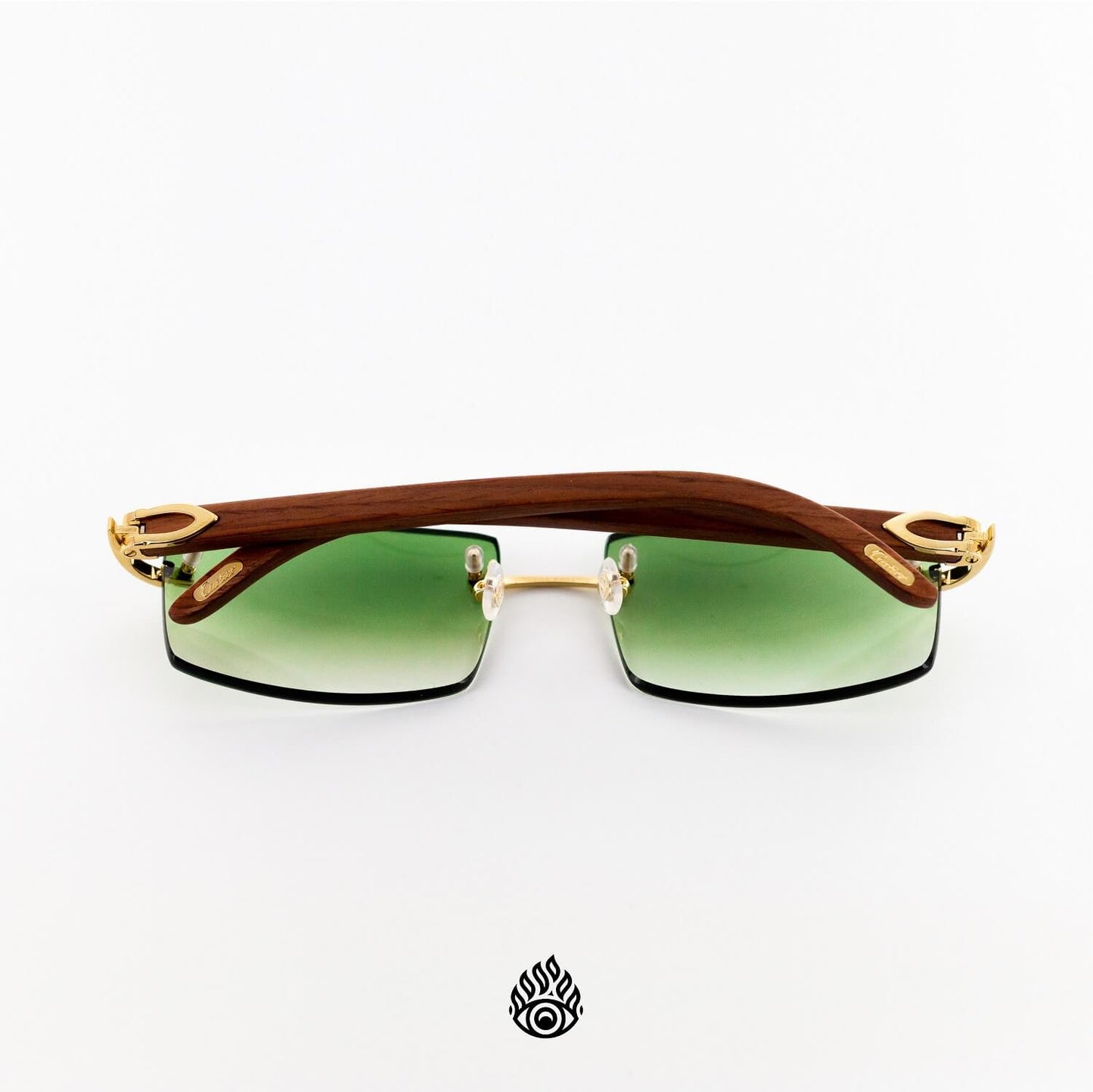 Cartier Light Wood Glasses with Gold C Decor and Green Lens