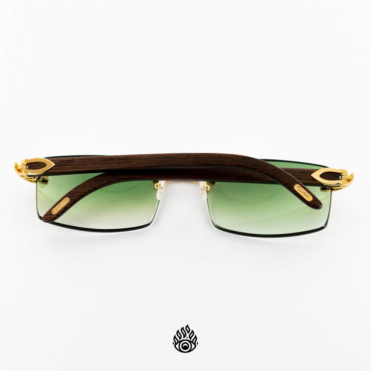 Cartier Dark Wood Glasses with Gold C Decor and Green Lens All