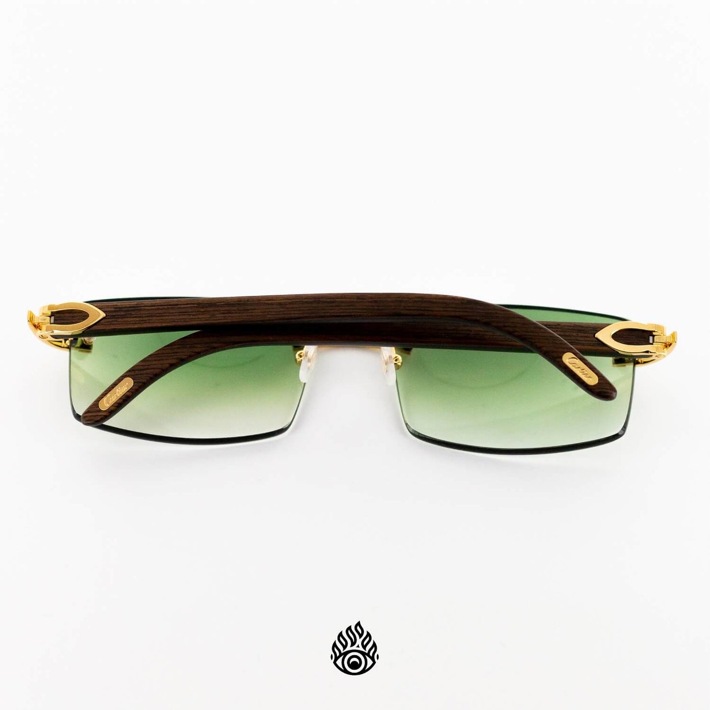 Cartier Dark Wood Glasses with Gold C Decor and Green Lens