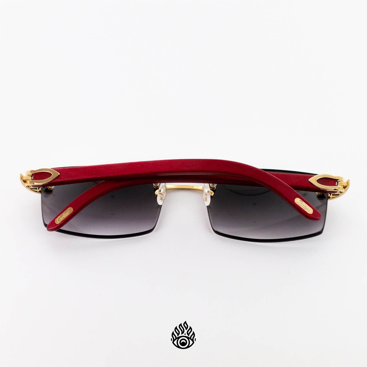 Cartier Red Wood Glasses with Gold C Decor and Grey Lens All